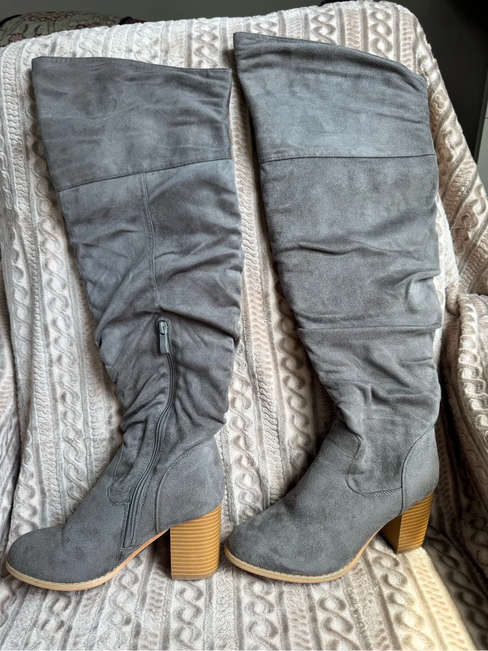 Gray over the knee Block Heel Boots - Women's Suede Look
